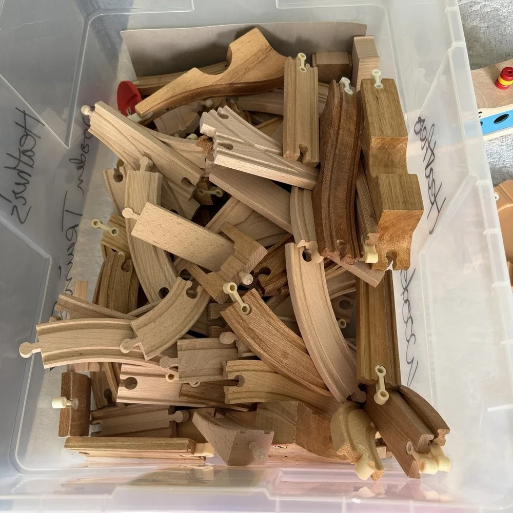 Vtg 1991 BRIO Wooden Train Set 100+pc Lot w/Crane Bridge Track Buildings Cars